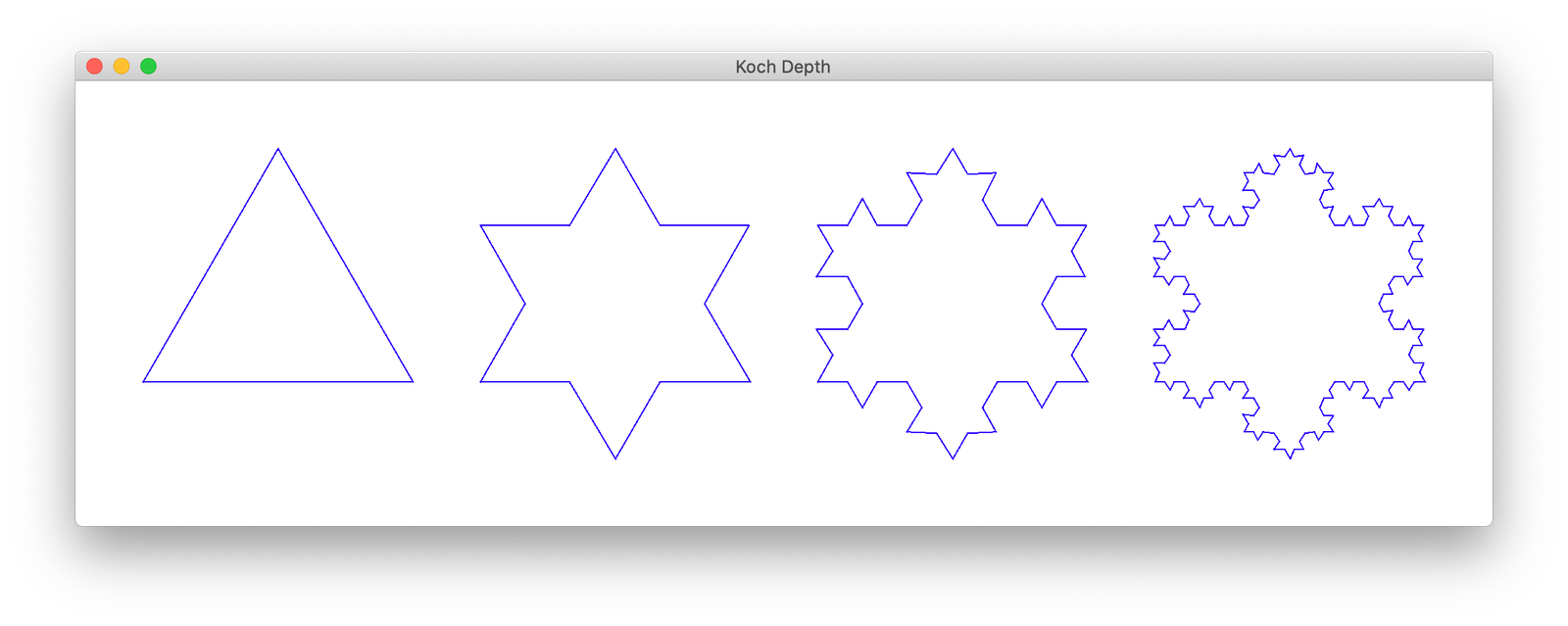 The original figure (left) and first three recursive steps towards generating the Koch curve.